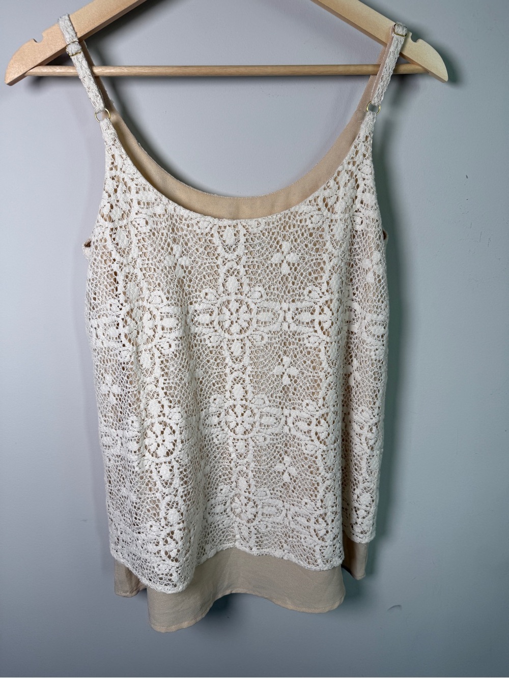 CAbi Ivory Crochet Lace Overlay Cami Tank Top Adjustable Straps Lined Size S